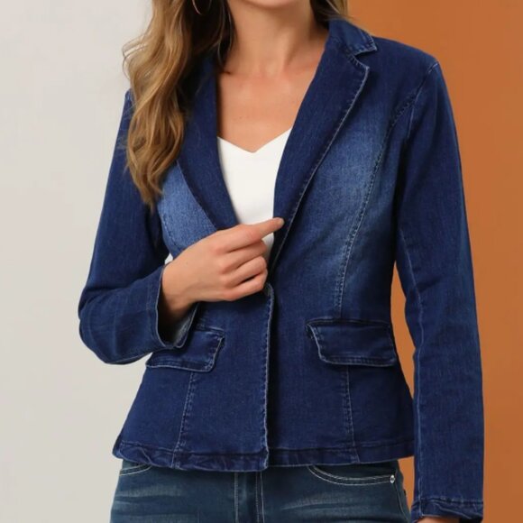 Women's Notched Lapel One Button Long Sleeve Washed Denim Blazer - Picture 3 of 6